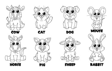 Black and White Linear Pets in Cartoon Style. Cow, Cat, Dog and Mouse, Horse, Pig Sheep or Bunny Adorable Animals