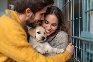 Joyful young couple Sharing a Moment with  Newly adopted Puppy in the dog's shelter - obrazy, fototapety, plakaty