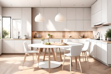 Fototapeta na wymiar Light kitchen set with round table and white chairs with lamp on parquet. Minimalist interior with modern furniture, side view, kitchenware on the deck and oven with fridge, 3D rendering