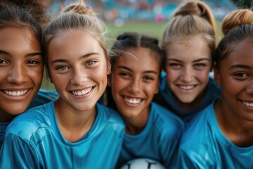 A close-up of a group of smiling young female soccer players, radiating team spirit and camaraderie on the field