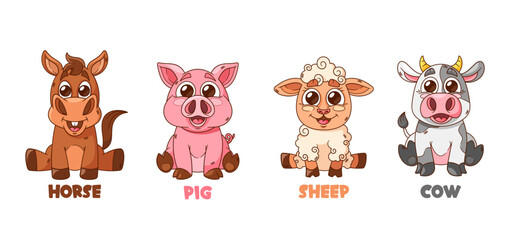 Cartoon Pets Funny Horse, Kawaii Pig, Fluffy Sheep With Cute Bunny. Adorable Farm Animals With Endearing Smiles