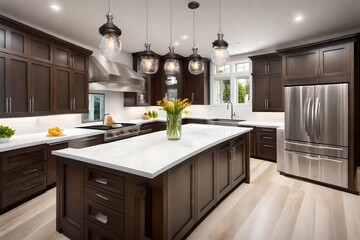 New kitchen boasts dark wood cabinets, white backsplash subway tile and over sized island with white and grey quartz counter illuminated by pendant lights. Northwest, USA