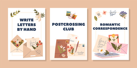 Fototapeta na wymiar Banners for Postcrossing Club or Romantic Correspondence Gracefully Adorned With Vibrant Flowers, Letter Envelopes