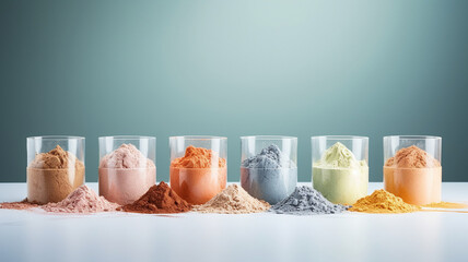 A lineup of various colorful nutritional supplement powders in clear measuring cups on a neutral...