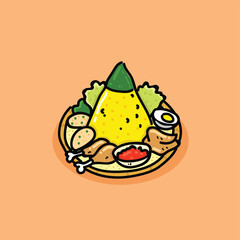 Turmeric rice or nasi kuning complete with eggs, potato cakes or perkedel, chicken, vegetables and chili sauce with a cream background vector illustration design