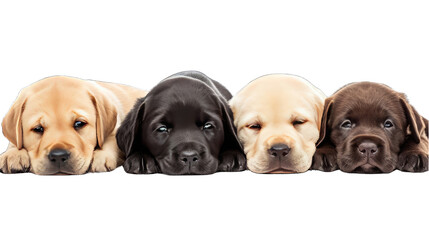 Group of Labrador Retriever puppy dogs, in various colors (yellow, black and chocolate). Isolated