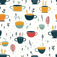 Seamless pattern tea cups on white background retro style. Fabric print. background. Doodle
