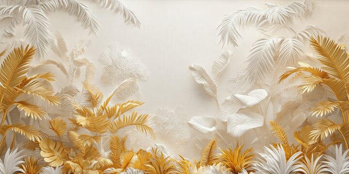 Luxurious Golden and White Jungle Motif 3D Wallpaper Illustration
