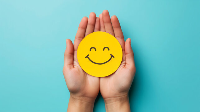 hands holding happy smile face for medical concept, mental healt positive thingking