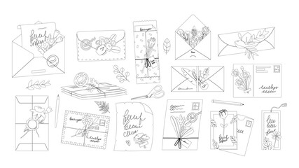 Letters And Envelopes With Flowers Linear Icons Vector Set Feature Delicate Floral Designs On Envelopes And Letter Paper