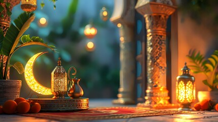 Ramadan Kareem greeting card. Ramadan lanterns in the background.
