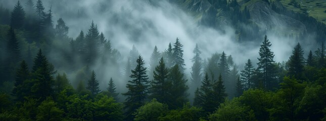 Misty Forest Enchantment: Textured Organic Landscape and Atmospheric Mountain Vistas