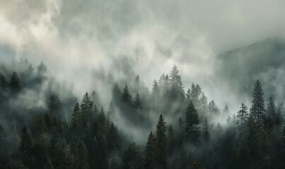 Misty Enchantment: Textured Forest & Mountain Vistas - Atmospheric Landscape Painting - obrazy, fototapety, plakaty