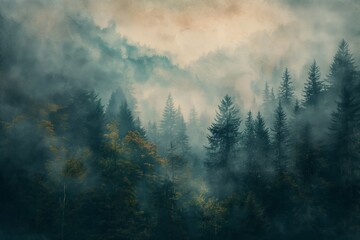 Atmospheric Forest Fog: Textured Organic Landscape and Mountain Vistas Painting