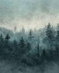 Misty Enclave: Textured Forest and Mountain Vista - Atmospheric Landscape Painting