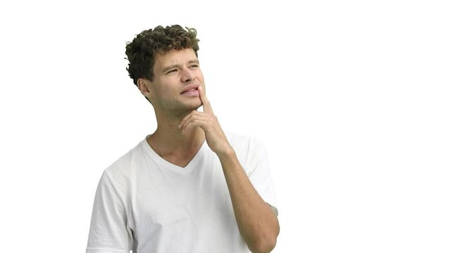 A man in a white T-shirt, on a white background, close-up, thinking