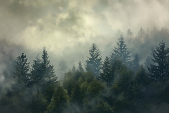 Fototapeta Mystical Fog-Enshrouded Forest Scene: Textured Organic Landscape and Mountainous Vistas Artwork