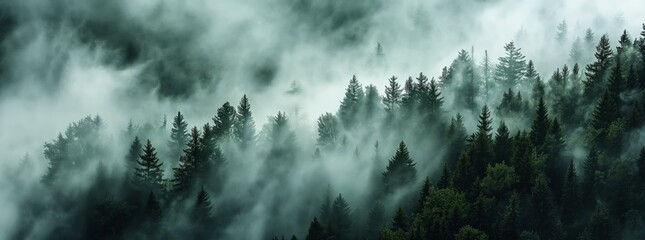 Mystic Veil: Fog-Enshrouded Pine Forest in the Essence of Swiss Realism