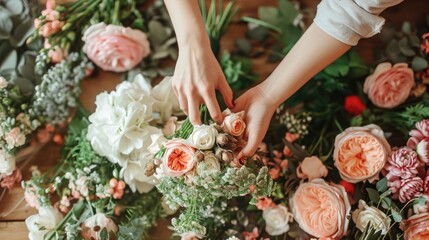 Florist's hands skillfully arranging a variety of colorful fresh flowers, creating a beautiful floral bouquet.. - obrazy, fototapety, plakaty