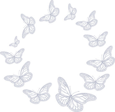 Vector round frame of hand-drawn butterflies in a simple style. Insulated frame on transparent background for design and typography
