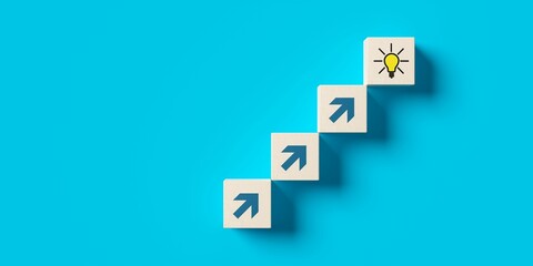 Steps from wood blocks with arrows leading to light bulb symbol on blue background flat lay from above, idea or innovation or solution business concept
