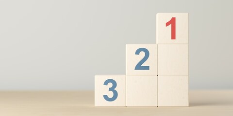 Rising steps of wooden blocks with numbers one, two and three, plan, priority or winner business concept