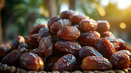 Obraz premium Dates fruits in a basket on a background of palm leaves.
