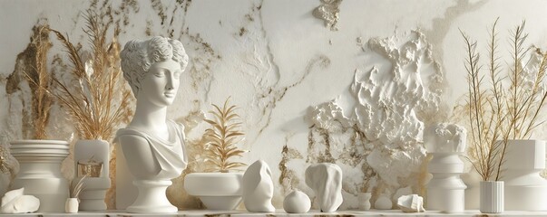 Ancient Greek Elegance: White and Gold Ceramic Tile Wallpaper with Antique Sculpture Motifs