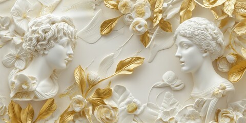 Fototapeta na wymiar Ancient Greek Elegance: White and Gold Ceramic Tile Art with Classical Figurine Sculptures