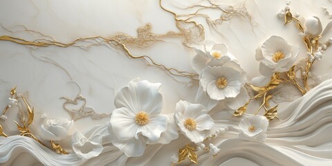 Elegant White and Gold Ceramic Tile Pattern Wallpaper Design