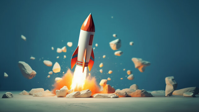 Launch of a red toy rocket isolated on blue background.. Successful start concept.