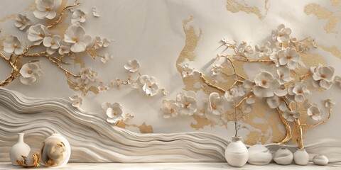 Elegant Ceramic Tile Pattern Wallpaper in White and Gold Colors