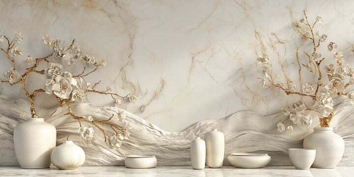 Elegant Ceramic Tale Inspired Wall Art with White and Gold Motifs Featuring Classic Amphoras and Pots on the Floor