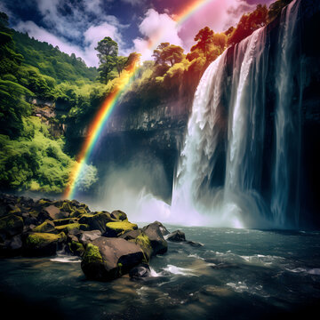 A rainbow over a waterfall in a tropical paradise.