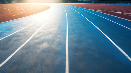 aerial view photography of a a blue running track with the sun reflecting on it created with Generative Ai