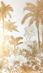 Golden Jungle Elegance: Exquisite Gold and White Botanical Illustration Wallpaper Design