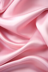 Closeup of rippled pink satin fabric texture background.