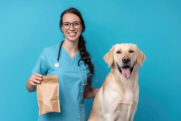 A smiling veterinarian in scrubs presents a pet food package while embracing a happy dog against a blue background..