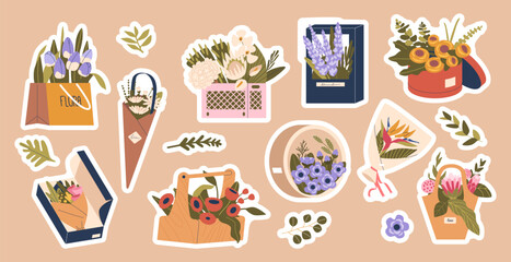 Set of Stickers with Vibrant Blossoms, Adorned With Elegant Wrapping, Create A Delightful Bouquet, Vector Patches Set