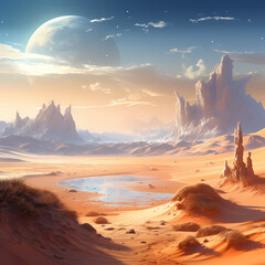 A serene desert landscape with sand dunes and a distant oasis.