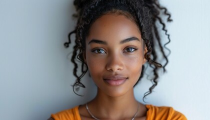 Young african woman wearing casual orange t shirt looking at the camera, African, Woman, Young.