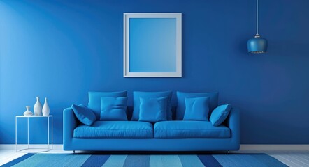 Cheerful Blue Sofa in Minimal Living Room Setting with Hanging Frame Decoration