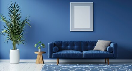 Blue Minimalist Living Room Interior with Vibrant Sofa and Wall Decor