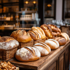 Variety of breads in a bakery.