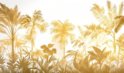 Golden Jungle Illustration: Exquisite White and Gold Tropical Forest Wallpaper Design