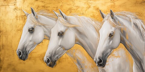 Elegant Equine Artistry: White and Gold Oil-Painted Style Horse Wallpaper Design