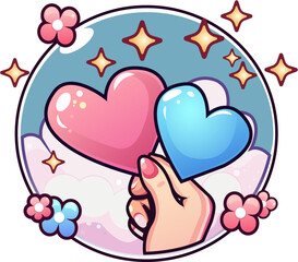 Cartoon flat vector illustration of a hand holding 2 hearts. Concept of love, charity, philanthropy and donation. Valentine's Day Sticker