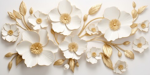 White and Gold Floral Sculpture Wallpaper - Realistic 3D Flowers on White Background - Elegant Home Decor Design