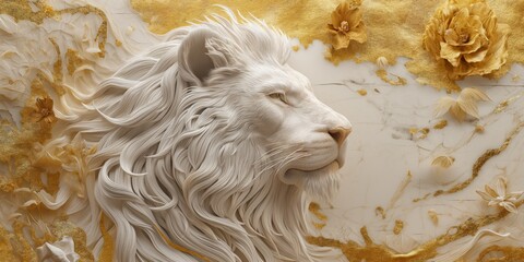 Regal Lion in Savannah - White and Gold Wallpaper Illustration with Sculpted Aesthetics