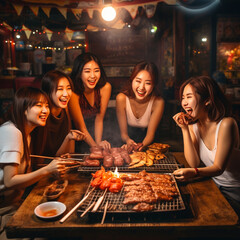Asian friends having barbecue dinner together.